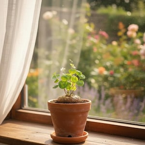 May include: A small potted plant with vibrant green leaves sits on a wooden windowsill. The terracotta pot is round and sits on a matching saucer. A sheer white curtain hangs to the left, and a blurred garden is visible through the window.