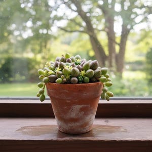 Op de afbeelding: Een terracotta pot gevuld met een vetplant, met groene en paarse peulachtige bladeren en kleine gele bloemen. De pot staat op een houten vensterbank met een vage groene achtergrond van bomen en bladeren.