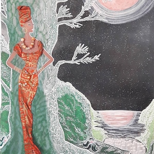 XL 3-D Fashion Painting (Titulado: An Orange Moon Night in Paradise)