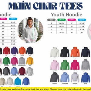 Puede incluir: Imagen de un cat&aacute;logo de productos para sudaderas con capucha, con tablas de tallas y opciones de color. El cat&aacute;logo incluye tallas de sudaderas con capucha unisex y juvenil, con medidas en pulgadas para largo, ancho y manga. Se muestran varios colores.