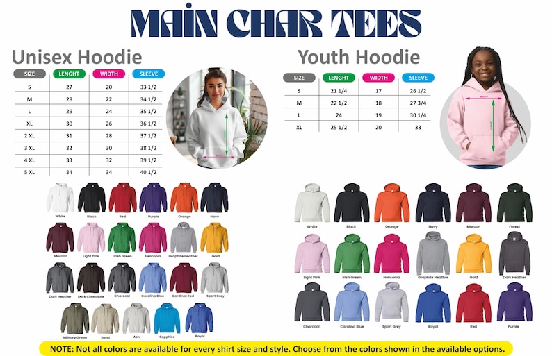 Puede incluir: Imagen de un cat&aacute;logo de productos para sudaderas con capucha, con tablas de tallas y opciones de color. El cat&aacute;logo incluye tallas de sudaderas con capucha unisex y juvenil, con medidas en pulgadas para largo, ancho y manga. Se muestran varios colores.