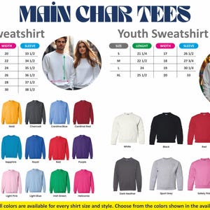 Puede incluir: Imagen de sudaderas Main Char Tees. La imagen muestra una tabla de tallas para sudaderas unisex y juveniles, con medidas en pulgadas. Hay una variedad de colores disponibles, incluyendo blanco, negro y rojo. El texto en la parte inferior dice: "NOTA: No todos los colores est&aacute;n disponibles para cada talla y estilo de camisa."