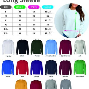 May include: Image of long-sleeved shirts in colours like white, black, and forest green. A size chart shows measurements in inches for length, width, and sleeve length. The text "MAIN CHAR TEES" is at the top, with a note about colour availability.
