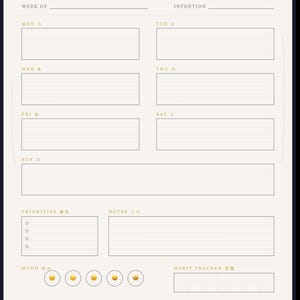 Peut inclure: Un modèle de planificateur hebdomadaire crème de Grand Line Studio avec des bordures bleu foncé. Il comprend des sections pour les jours de la semaine, l'intention, les priorités, des notes, un suivi d'humeur et un suivi d'habitudes pour A4.