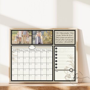 May include: A beige and black monthly calendar with a quote from Jeremiah 29:11, "For I know the plans I have for you...", and two photos of a family.