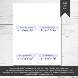 Editable Bridal Table Place Cards, Tent Fold Table Setting Name Cards ...