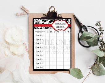 Editable Red Damask Chore Chart  - PDF File - Instant Digital Download