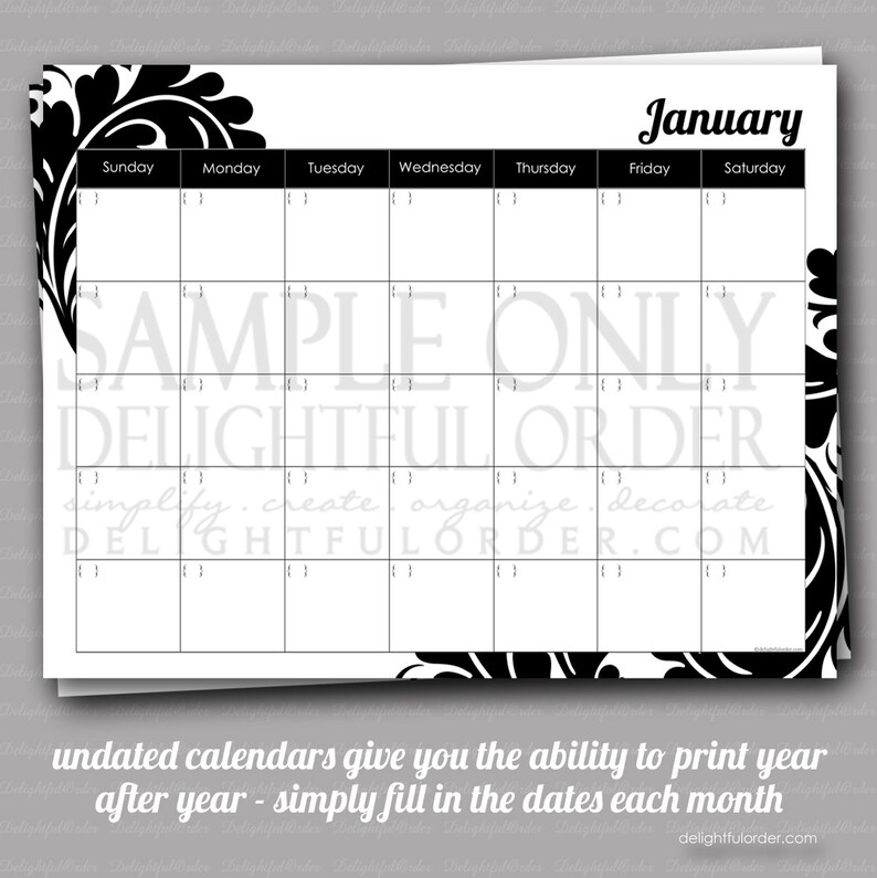 damask undated monthly calendar 12 pages pdf printable etsy