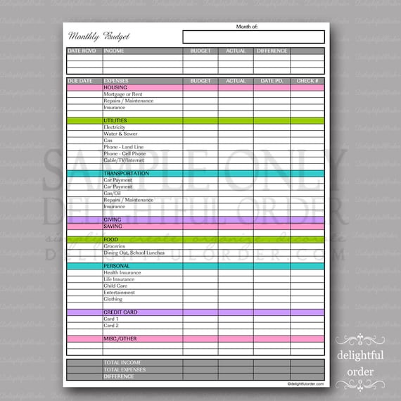 colorful monthly budget form pdf printable file instant etsy