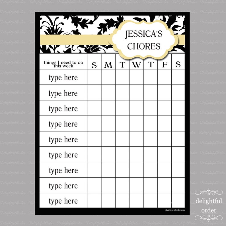 Editable Yellow Damask Chore Chart PDF File Instant Digital Download image 2