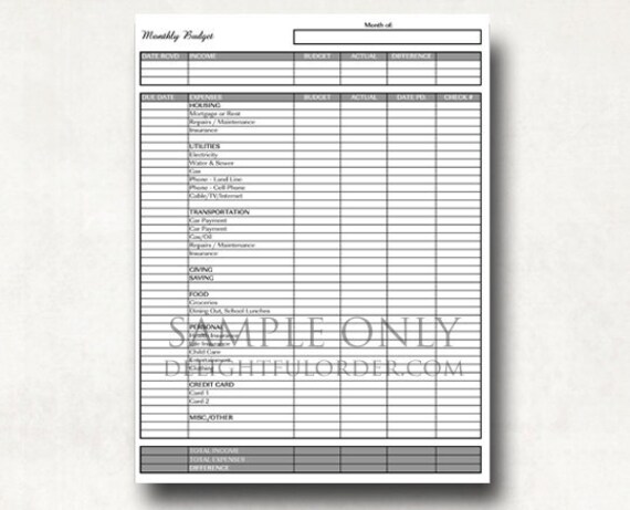 Monthly Budget Form Pdf Printable File Instant Digital Etsy
