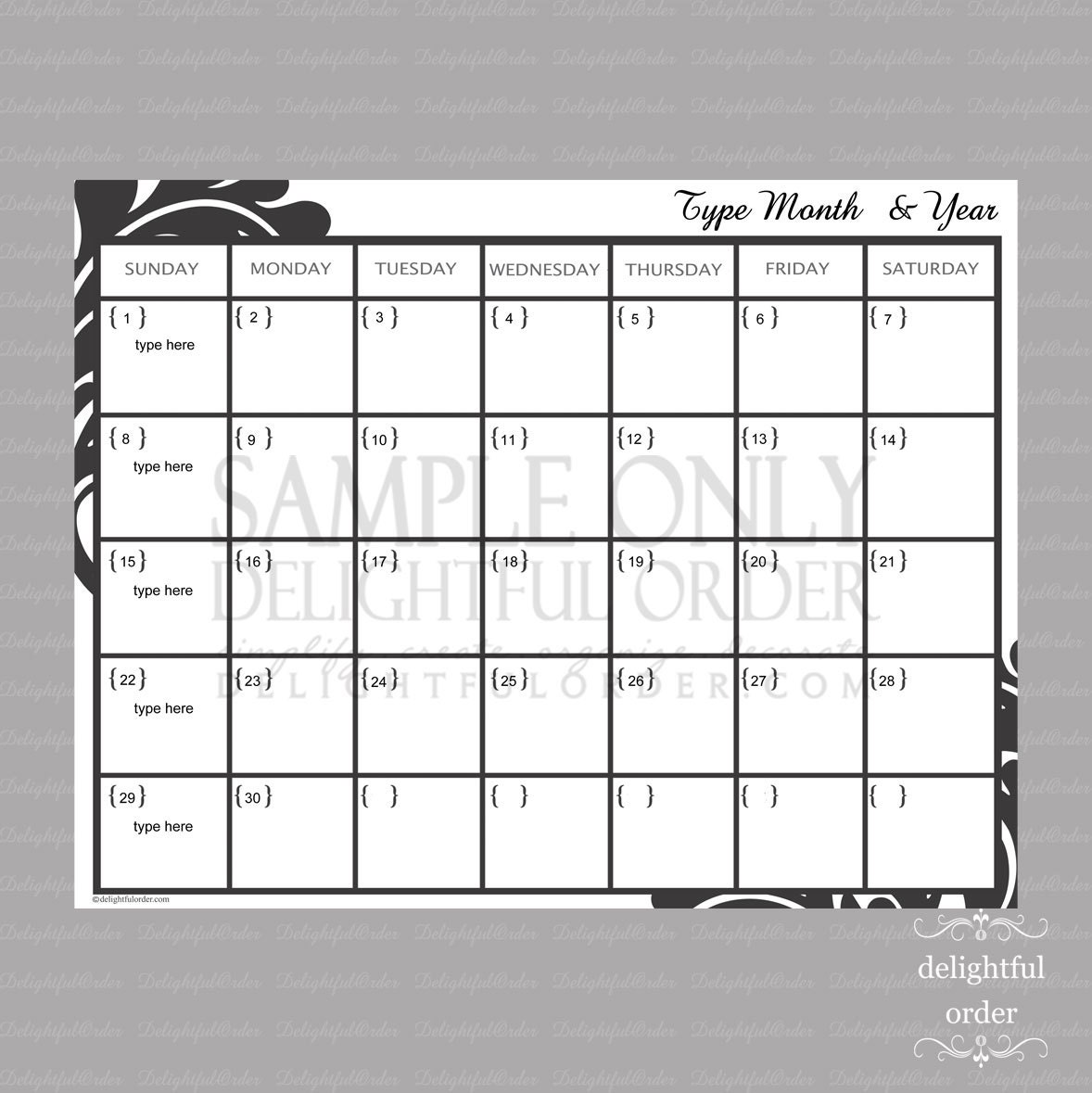 Editable Monthly Calendar 1 PDF Printable File Instant