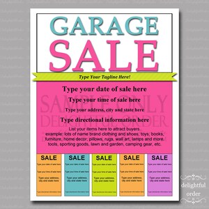 Puede incluir: Un cartel de venta de garaje imprimible rosa y azul con el texto "Garage Sale" en letras grandes. El cartel tiene una pancarta verde en la parte superior con el texto "Type Your Tagline Here!" y una secci&oacute;n para la fecha, la hora, la direcci&oacute;n y la informaci&oacute;n direccional. El cartel tambi&eacute;n tiene cinco secciones m&aacute;s peque&ntilde;as para "Sale" con espacio para rellenar la fecha, la hora, la direcci&oacute;n y la informaci&oacute;n direccional.