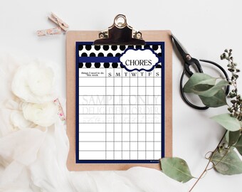 Navy Blue Chore Chart - PDF File - Instant Digital Download