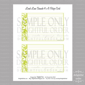 Editable and Printable 4 x 6 Lime Damask Recipe Cards 2 PDF Files Instant Digital Download image 3
