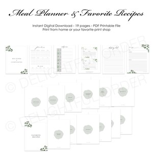 Puede incluir: Un planificador de comidas y un libro de recetas imprimible con un dise&ntilde;o bot&aacute;nico verde. Las p&aacute;ginas incluyen secciones para la planificaci&oacute;n de comidas, listas de la compra, listas de compras y recetas favoritas. El texto de la portada dice "Meal Planner & Favorite Recipes" y "Descarga digital instant&aacute;nea - 19 p&aacute;ginas - Archivo PDF imprimible".