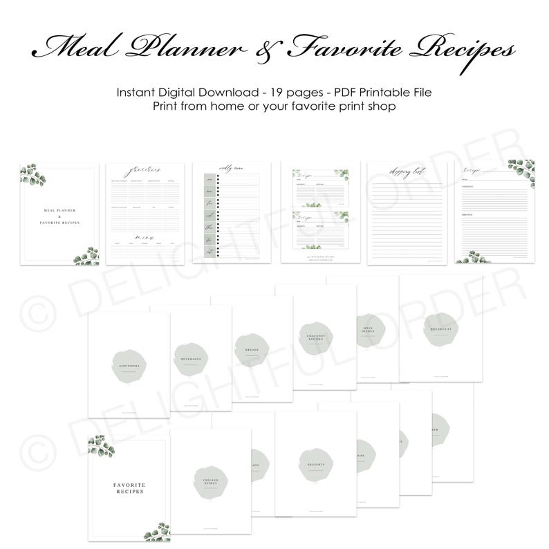 Puede incluir: Un planificador de comidas y un libro de recetas imprimible con un dise&ntilde;o bot&aacute;nico verde. Las p&aacute;ginas incluyen secciones para la planificaci&oacute;n de comidas, listas de la compra, listas de compras y recetas favoritas. El texto de la portada dice "Meal Planner & Favorite Recipes" y "Descarga digital instant&aacute;nea - 19 p&aacute;ginas - Archivo PDF imprimible".
