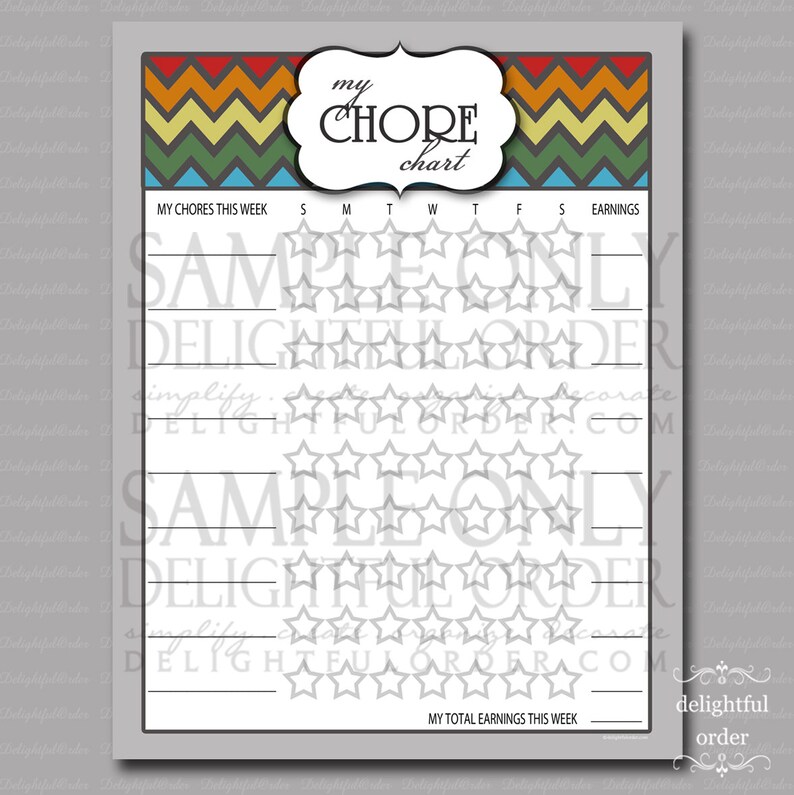 May include: A printable chore chart with a colourful chevron pattern at the top. The chart has a title that says "my CHORE chart". It includes a section for "MY CHORES THIS WEEK" and a section for "EARNINGS". The chart has a grid with days of the week and spaces for stars to be filled in as chores are completed.