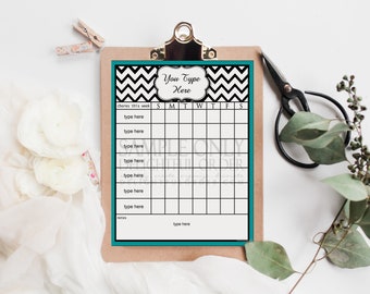 Editable Teal Chevron Chore Chart  - PDF File - Instant Digital Download