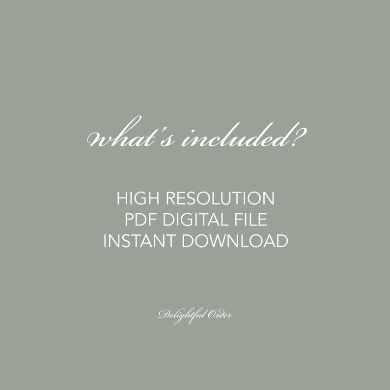 Puede incluir: Texto sobre un fondo verde que dice "what's included?"  Archivo digital PDF de alta resoluci&oacute;n descarga instant&aacute;nea.  Delightful Order.