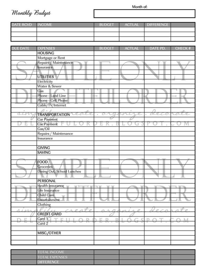 Monthly Budget Form PDF Printable File Instant Digital Download - Etsy