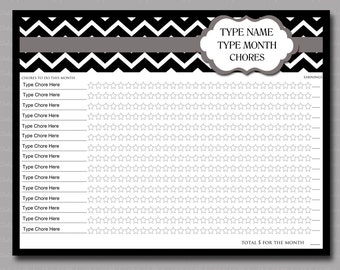 Editable Gray Chevron Monthly Chore Chart  - PDF File - Instant Digital Download