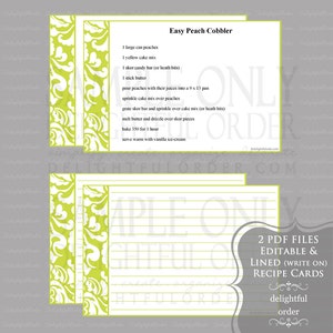 Editable and Printable 4 x 6 Lime Damask Recipe Cards 2 PDF Files Instant Digital Download image 1