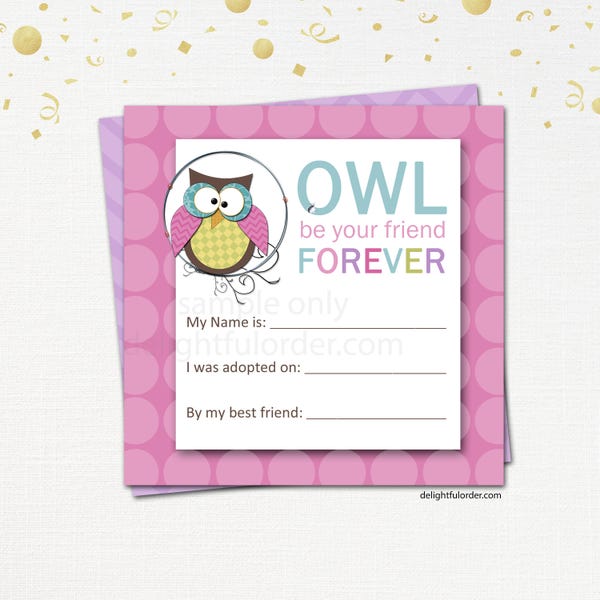 Night Owl Birthday Party Adoption Cards  - (1) PDF Printable Files - Instant Digital Download