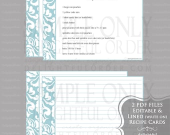 Editable and Printable - 4 x 6 Blue Damask Recipe Cards - (2) PDF Files - Instant Digital Download