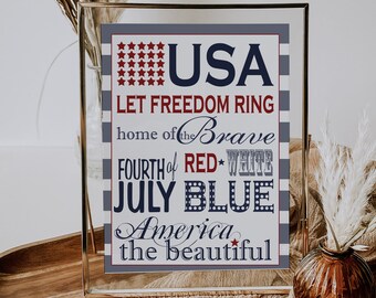 Patriotic Stars & Stripes Sign, Printable Americana Sign, Party Decor, Party Printable (1) JPEG File, You Print