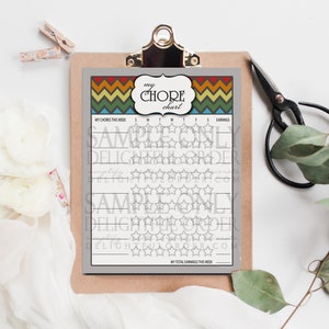 May include: A printable chore chart featuring a rainbow chevron design. The chart includes sections for daily chores, weekly chores, and earnings. It's designed to help children develop responsibility and earn rewards for completing their tasks.