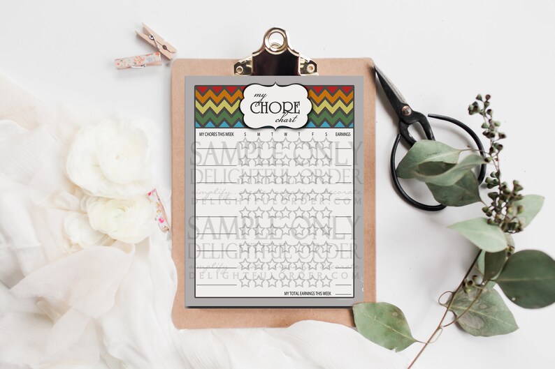 May include: A printable chore chart featuring a rainbow chevron design. The chart includes sections for daily chores, weekly chores, and earnings. It's designed to help children develop responsibility and earn rewards for completing their tasks.