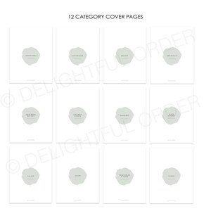 Puede incluir: Doce p&aacute;ginas de portada de recetas imprimibles con un dise&ntilde;o de acuarela verde claro. Cada p&aacute;gina presenta una categor&iacute;a de recetas diferente, que incluye aperitivos, bebidas, pan, desayuno, recetas de olla de cocci&oacute;n lenta, platos de pollo, postres, platos principales, ensaladas, sopas, verduras y acompa&ntilde;amientos, y otros.