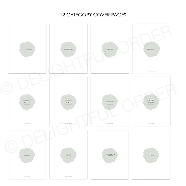 Puede incluir: Doce p&aacute;ginas de portada de recetas imprimibles con un dise&ntilde;o de acuarela verde claro. Cada p&aacute;gina presenta una categor&iacute;a de recetas diferente, que incluye aperitivos, bebidas, pan, desayuno, recetas de olla de cocci&oacute;n lenta, platos de pollo, postres, platos principales, ensaladas, sopas, verduras y acompa&ntilde;amientos, y otros.