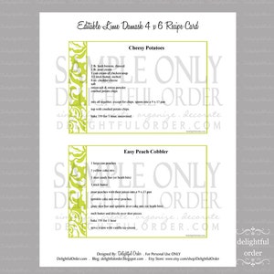 Editable and Printable 4 x 6 Lime Damask Recipe Cards 2 PDF Files Instant Digital Download image 2