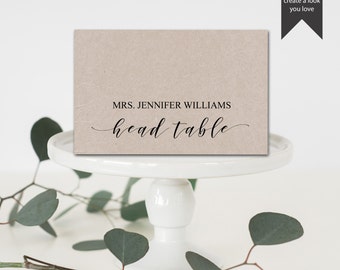 Editable Head Table Place Cards, Tent Fold Table Setting Name Cards, Wedding Table Place Setting, Template, DIY Wedding, PDF, Printable