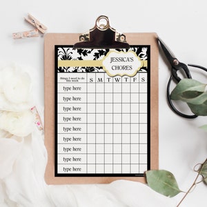 Editable Yellow Damask Chore Chart PDF File Instant Digital Download image 1