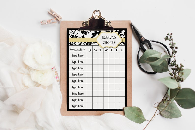 Editable Yellow Damask Chore Chart PDF File Instant Digital Download image 1