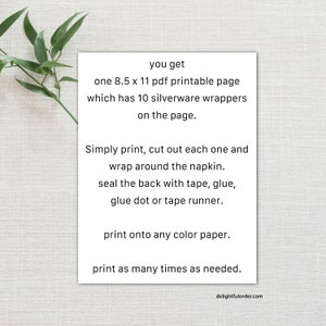 Puede incluir: P&aacute;gina imprimible con instrucciones sobre c&oacute;mo hacer envoltorios para cubiertos. La p&aacute;gina mide 21,6 cm por 27,9 cm e incluye 10 envoltorios.