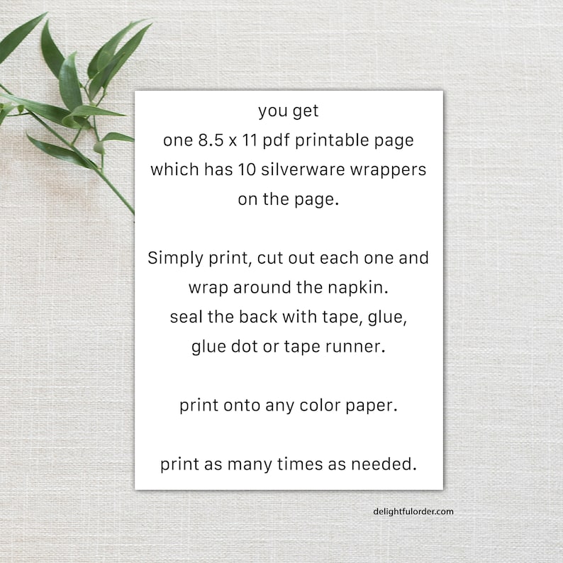 Puede incluir: P&aacute;gina imprimible con instrucciones sobre c&oacute;mo hacer envoltorios para cubiertos. La p&aacute;gina mide 21,6 cm por 27,9 cm e incluye 10 envoltorios.