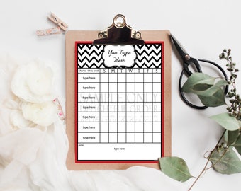 Editable Red Chevron Chore Chart  - PDF File - Instant Digital Download