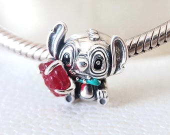 Disney Stitch Rose Murano Glass Charm:Fits Pandora Style Charms Bracelets