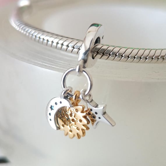 Sun Star Moon 925 Sterling Silver Dangle Charm: Pandora Compatible