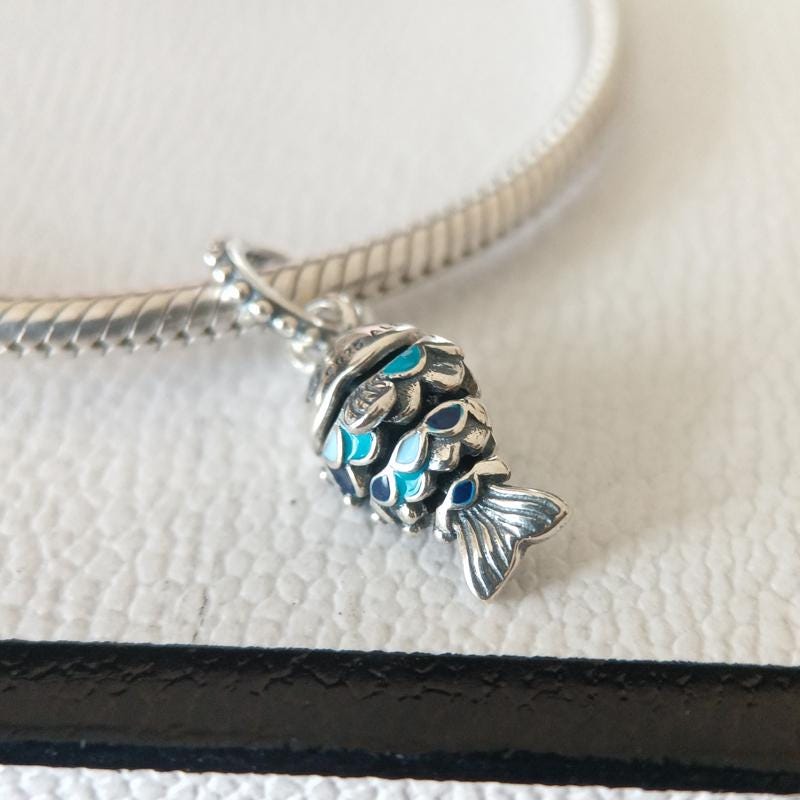 Ocean Blue Scaled Fish Dangle Charm:fits Pandora Charm Bracelet