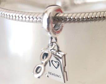 スターリングシルバー「I Love Reading」ブックチャーム、ヨーロッパ製パンドラ対応