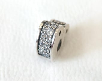 Sterling Silver CZ Heart Clip Charm, European Bead,Pandora bracelet Compatible