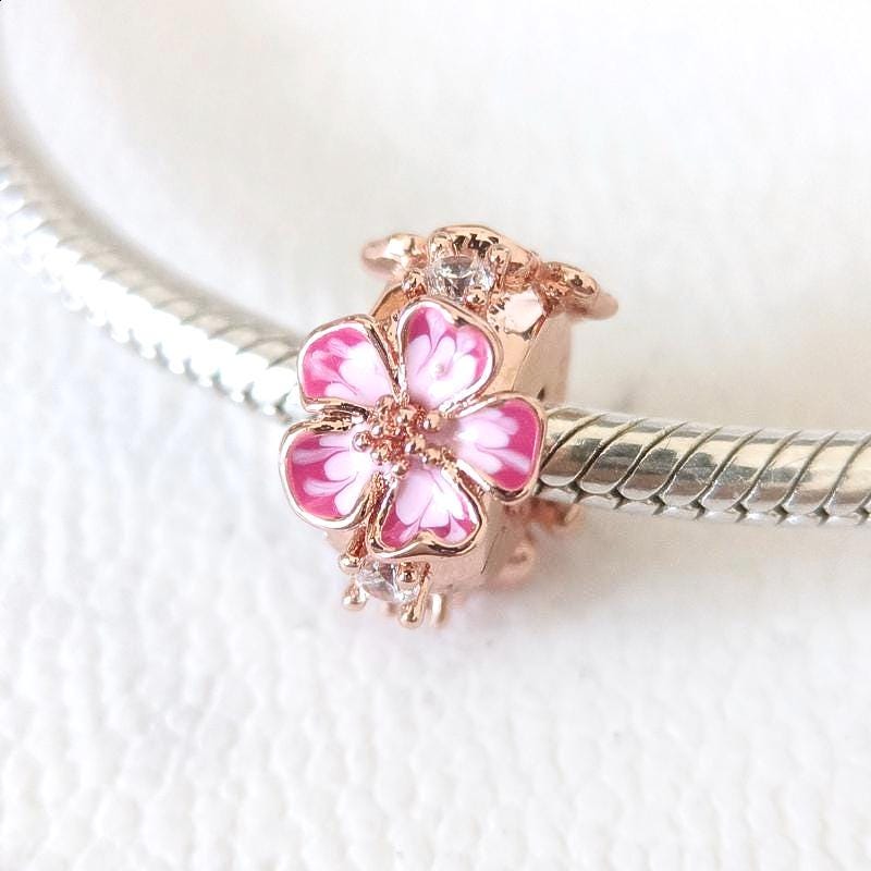 Pink Peach Blossom Charm, Rose Gold Flower Clip,pandora Bracelet