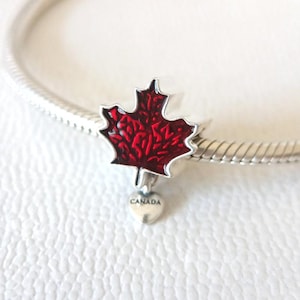 Puede incluir: Un charm de plata con un diseño de hoja de arce roja. La hoja tiene una superficie texturizada y un borde plateado. Un pequeño charm en forma de corazón con la palabra "CANADA" está adjunto debajo. El charm está en una pulsera de plata.