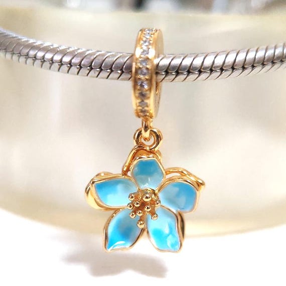 Blue Cherry Blossoms Dangle Charm:fits Pandora Bracelet Gold