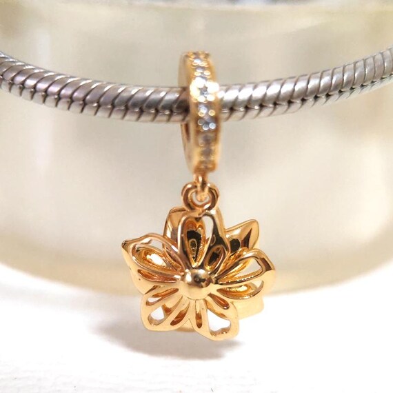 Blue Cherry Blossoms Dangle Charm:fits Pandora Bracelet Gold